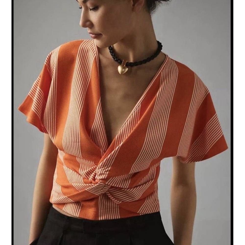 Anthro bishop & young  Orange White Striped Twist Front V-Neck Crop Top boho Y2K